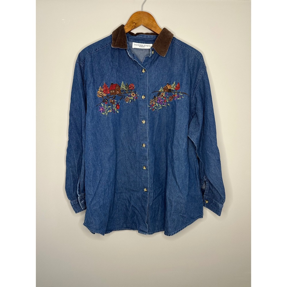 Victoria Jones Denim Shirt Women XL Blue EUC Embroidered Cabin Corduroy Collar